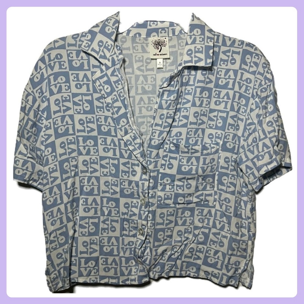 Blue and White Love Checkered Pattern Button-Up